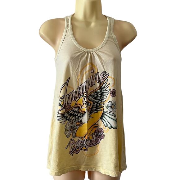 Bejeweled Size S Yellow Embellished Tank Top Woman Size Small Tattoo Print - Picture 1 of 8